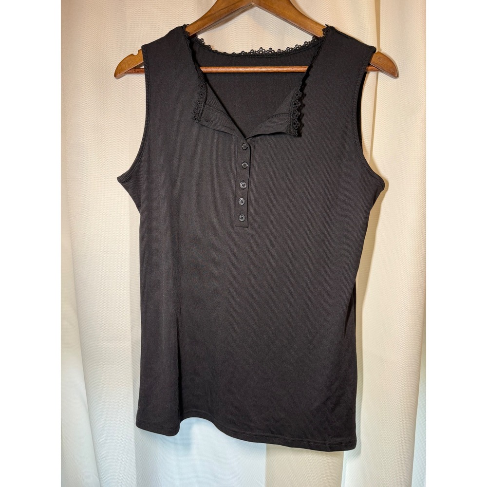 Womens Ribbed Henley Tank Top Black Lace Trim Sleeveless Knit Shirt XL